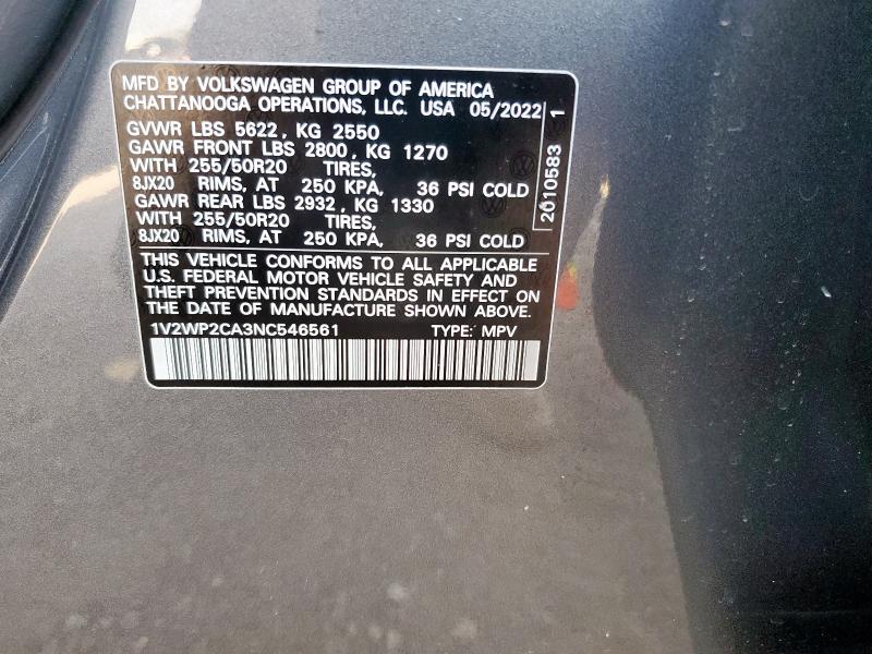 2022 VOLKSWAGEN ATLAS SE 1V2WP2CA3NC546561