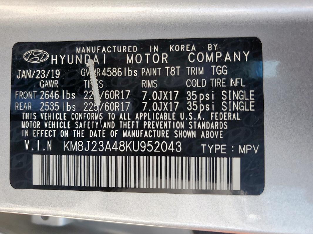 2019 HYUNDAI TUCSON SE KM8J23A48KU952043