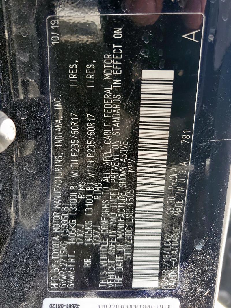 2020 TOYOTA SIENNA XLE 5TDYZ3DC1LS054505