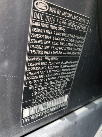 2016 LAND ROVER RANGE ROVE SALWR2VF6GA572826
