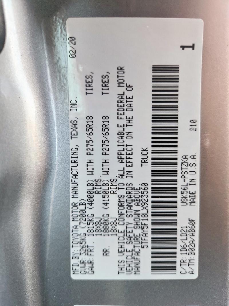 2020 TOYOTA TUNDRA CRE - 5TFAY5F18LX923560