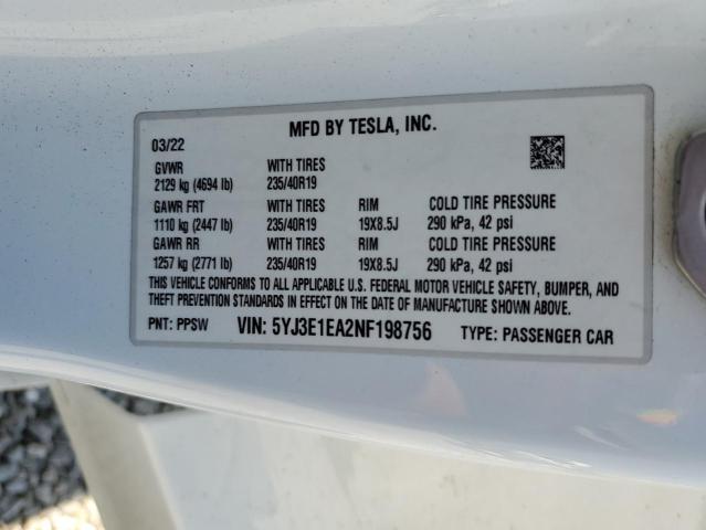 2022 TESLA MODEL 3 5YJ3E1EA2NF198756