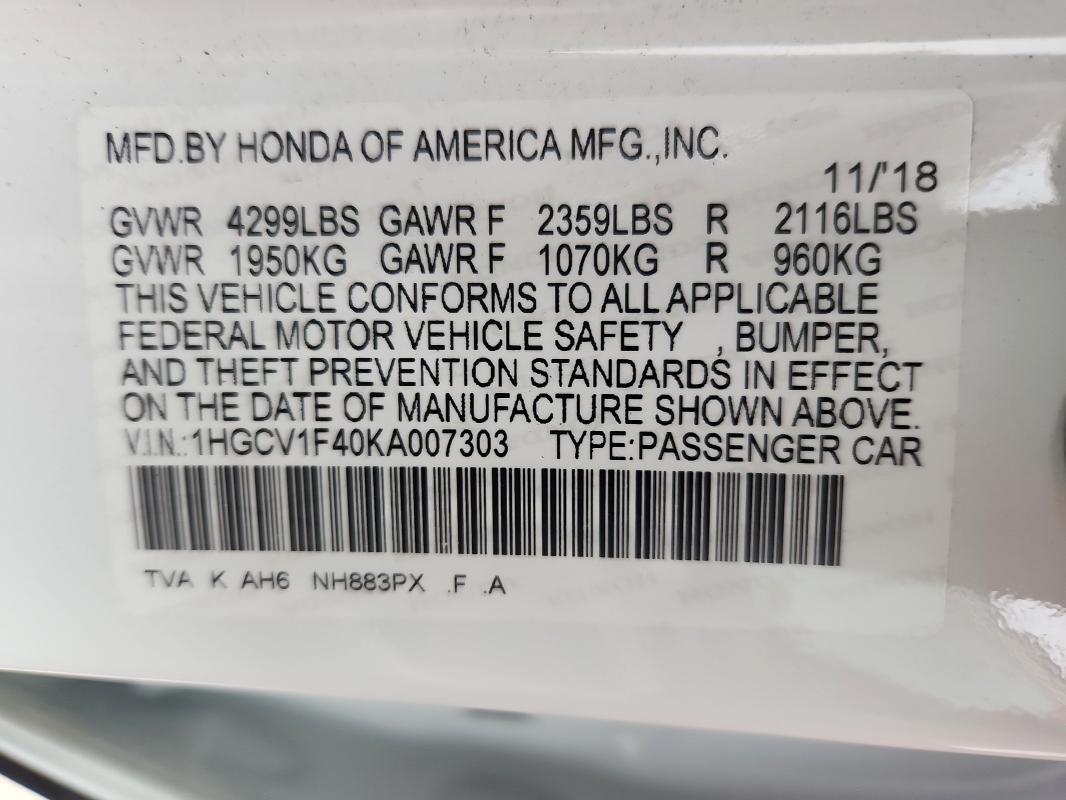 2019 HONDA ACCORD 1HGCV1F40KA007303