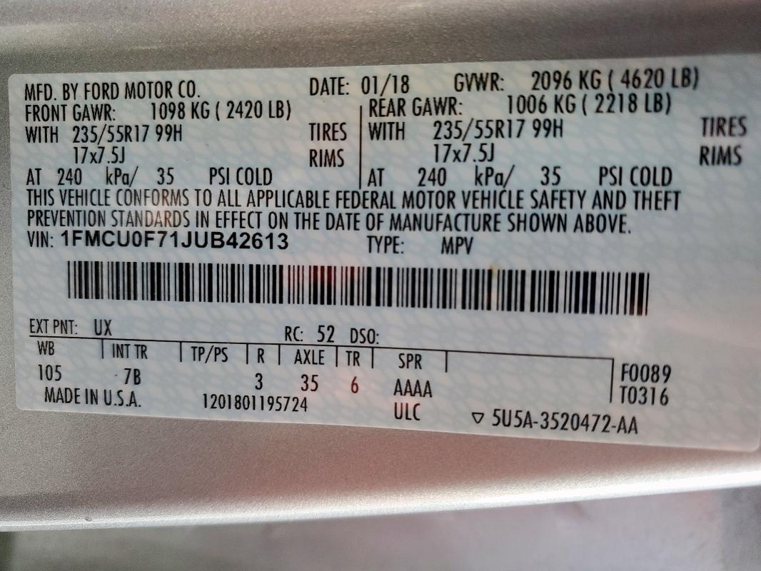 2018 FORD ESCAPE S - 1FMCU0F71JUB42613