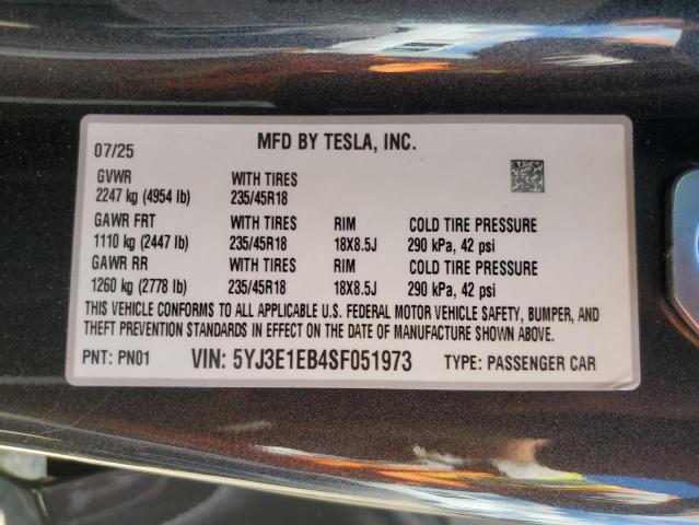 2025 TESLA MODEL 3 5YJ3E1EB4SF051973