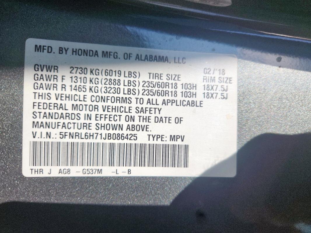 2018 HONDA ODYSSEY EXL 5FNRL6H71JB086425