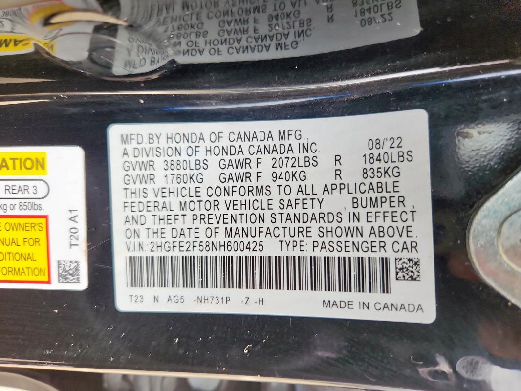 2022 HONDA CIVIC SPOR - 2HGFE2F58NH600425