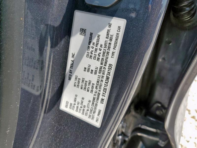 2022 TESLA MODEL 3 5YJ3E1EA3NF341939