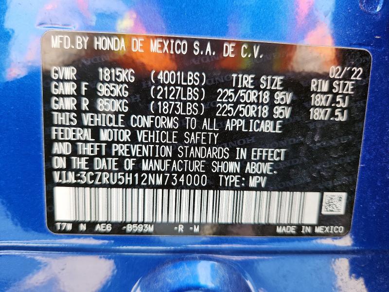 2022 HONDA HR-V SPORT 3CZRU5H12NM734000