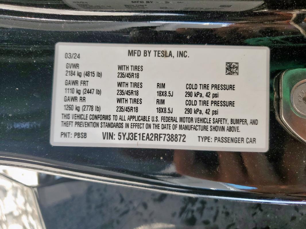 2024 TESLA MODEL 3 5YJ3E1EA2RF738872