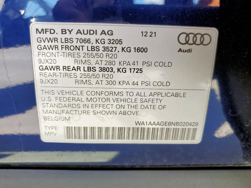 2022 AUDI E-TRON PREMIUM WA1AAAGE8NB020429