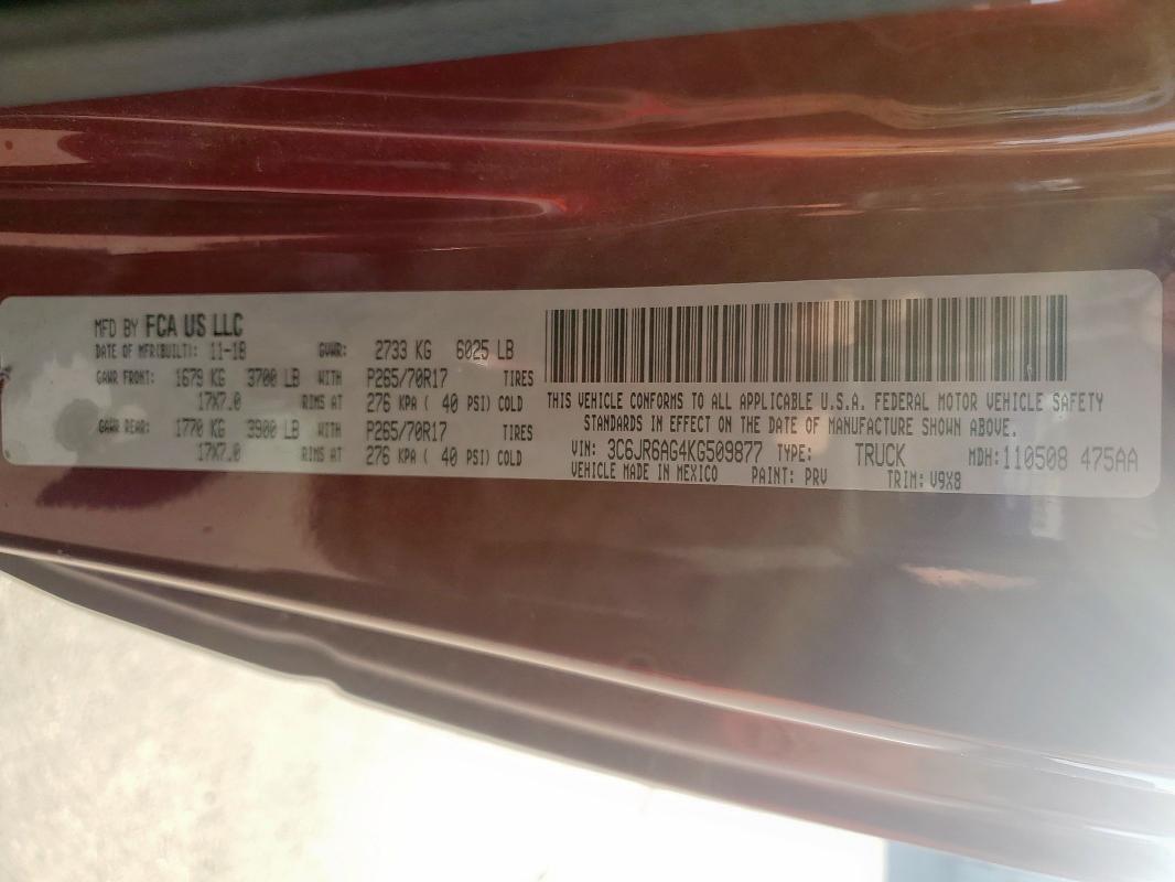 2019 RAM 1500 CLASS 3C6JR6AG4KG509877