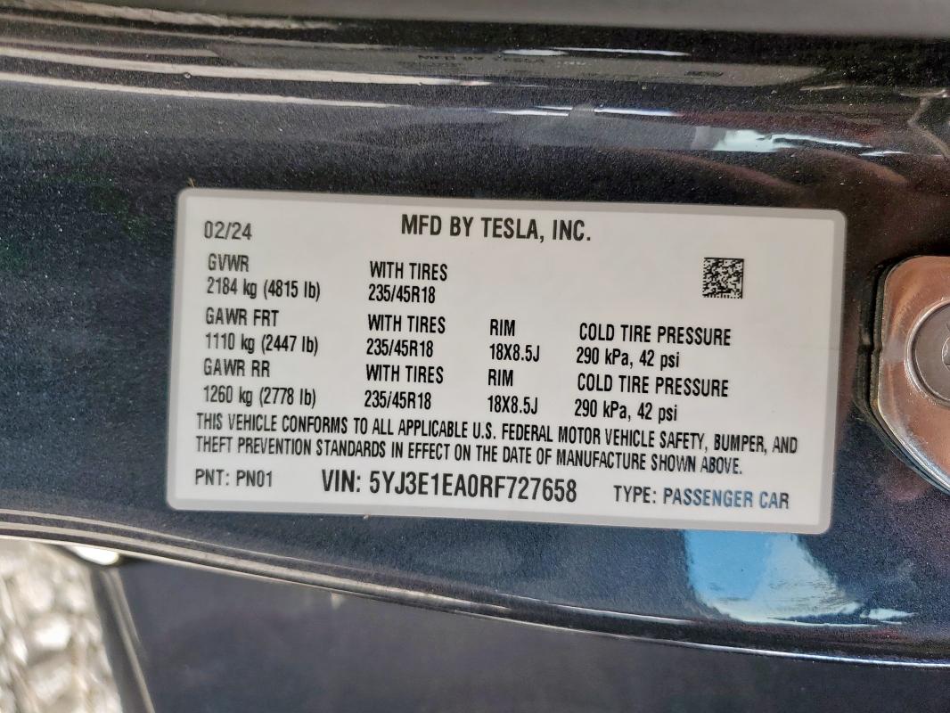 2024 TESLA MODEL 3 - 5YJ3E1EA0RF727658