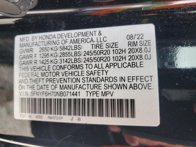 2022 HONDA PILOT BLAC 5FNYF6H70NB071441