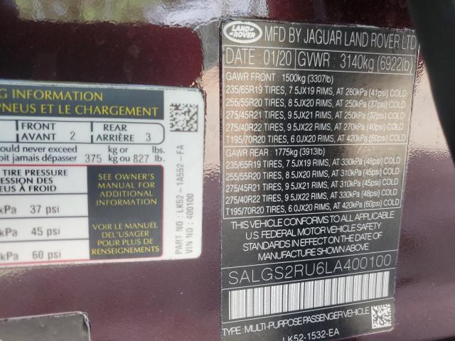 2020 LAND ROVER RANGE ROVE SALGS2RU6LA400100