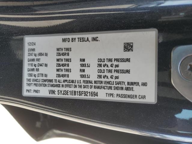 2025 TESLA MODEL 3 5YJ3E1EB1SF921694