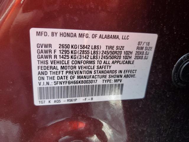 2019 HONDA PILOT TOURING 5FNYF6H66KB003017