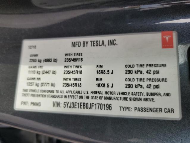 2018 TESLA MODEL 3 5YJ3E1EB0JF170196