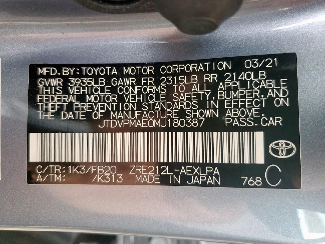 2021 TOYOTA COROLLA LE JTDVPMAE0MJ180387