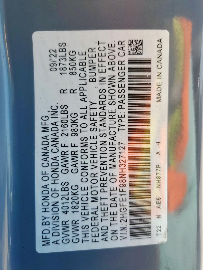 2022 HONDA CIVIC TOURING 2HGFE1F98NH327127