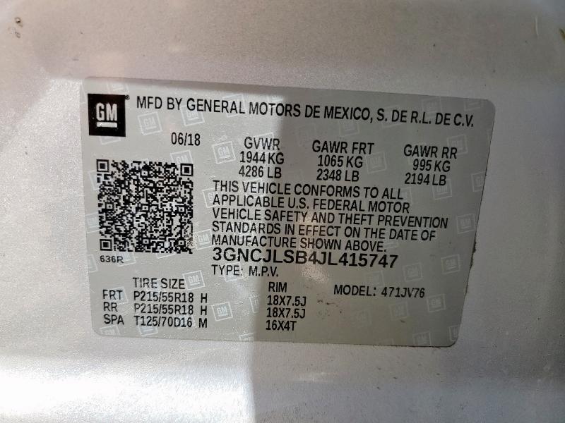 2018 CHEVROLET TRAX 1LT 3GNCJLSB4JL415747