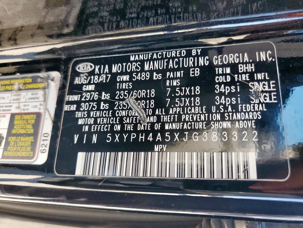 2018 KIA SORENTO EX 5XYPH4A5XJG383322