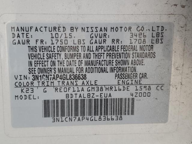 2016 NISSAN VERSA S 3N1CN7AP4GL836638
