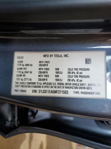 2022 TESLA MODEL 3 5YJ3E1EA6NF371503