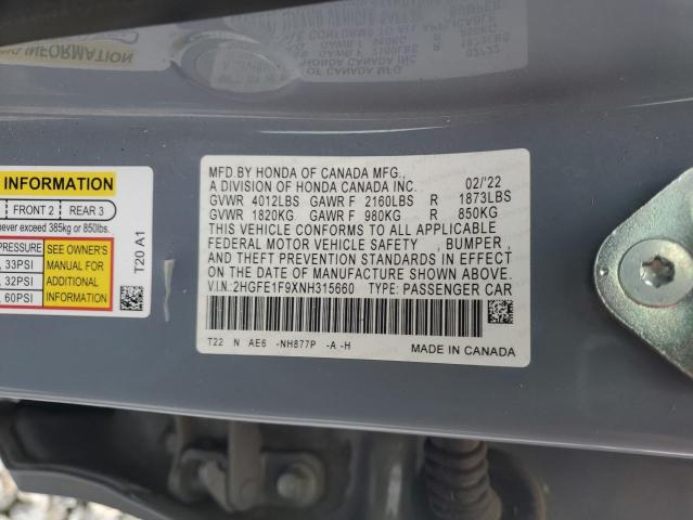 2022 HONDA CIVIC TOURING 2HGFE1F9XNH315660