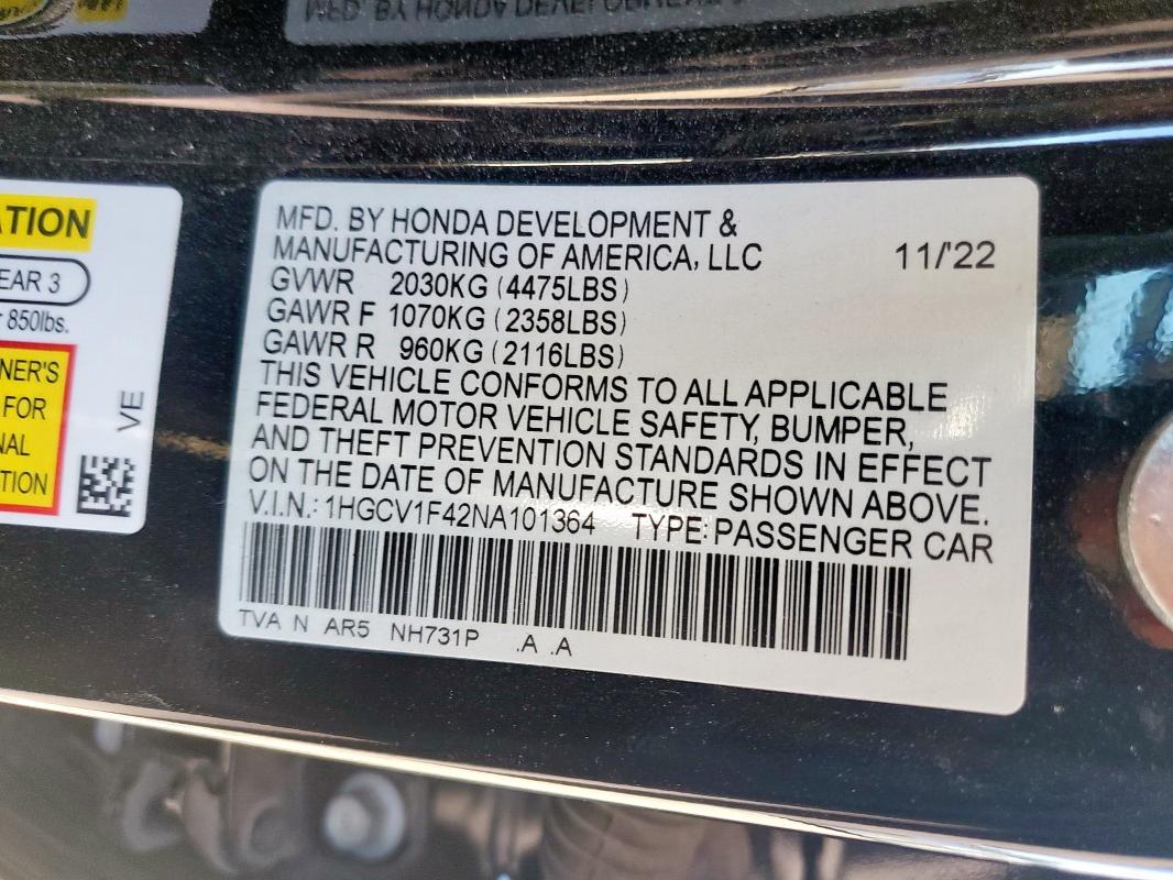 2022 HONDA ACCORD SPO - 1HGCV1F42NA101364