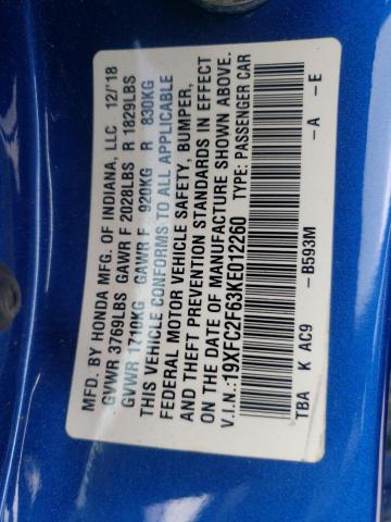 2019 HONDA CIVIC LX 19XFC2F63KE012260