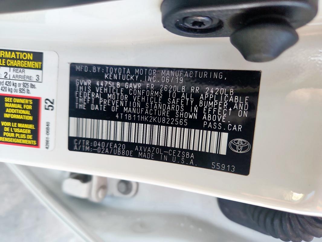 2019 TOYOTA CAMRY L 4T1B11HK2KU822565