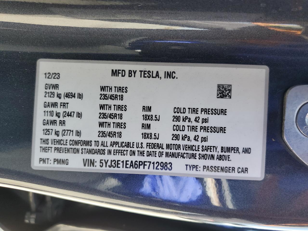 Lot #3304572438 2023 TESLA MODEL 3