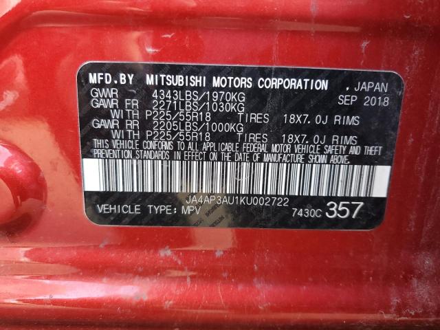 2019 MITSUBISHI OUTLANDER JA4AP3AU1KU002722
