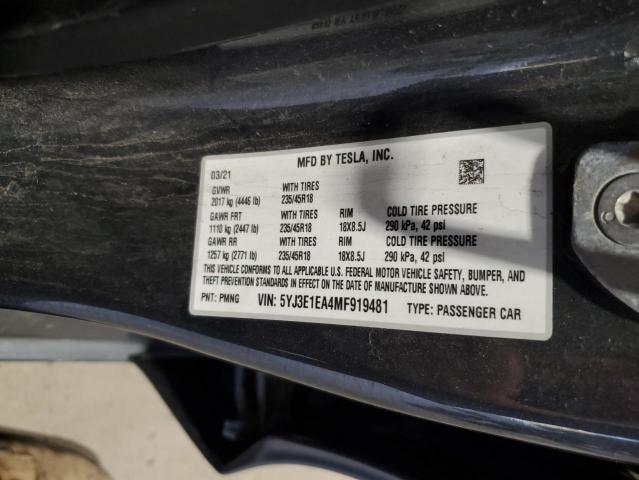 2021 TESLA MODEL 3 5YJ3E1EA4MF919481