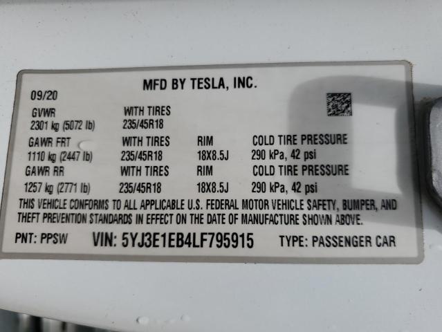 2020 TESLA MODEL 3 #3294455491