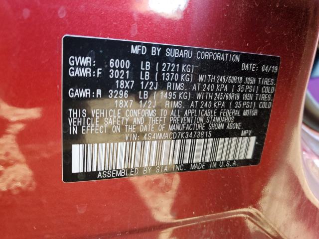2019 SUBARU ASCENT PRE 4S4WMACD7K3473815