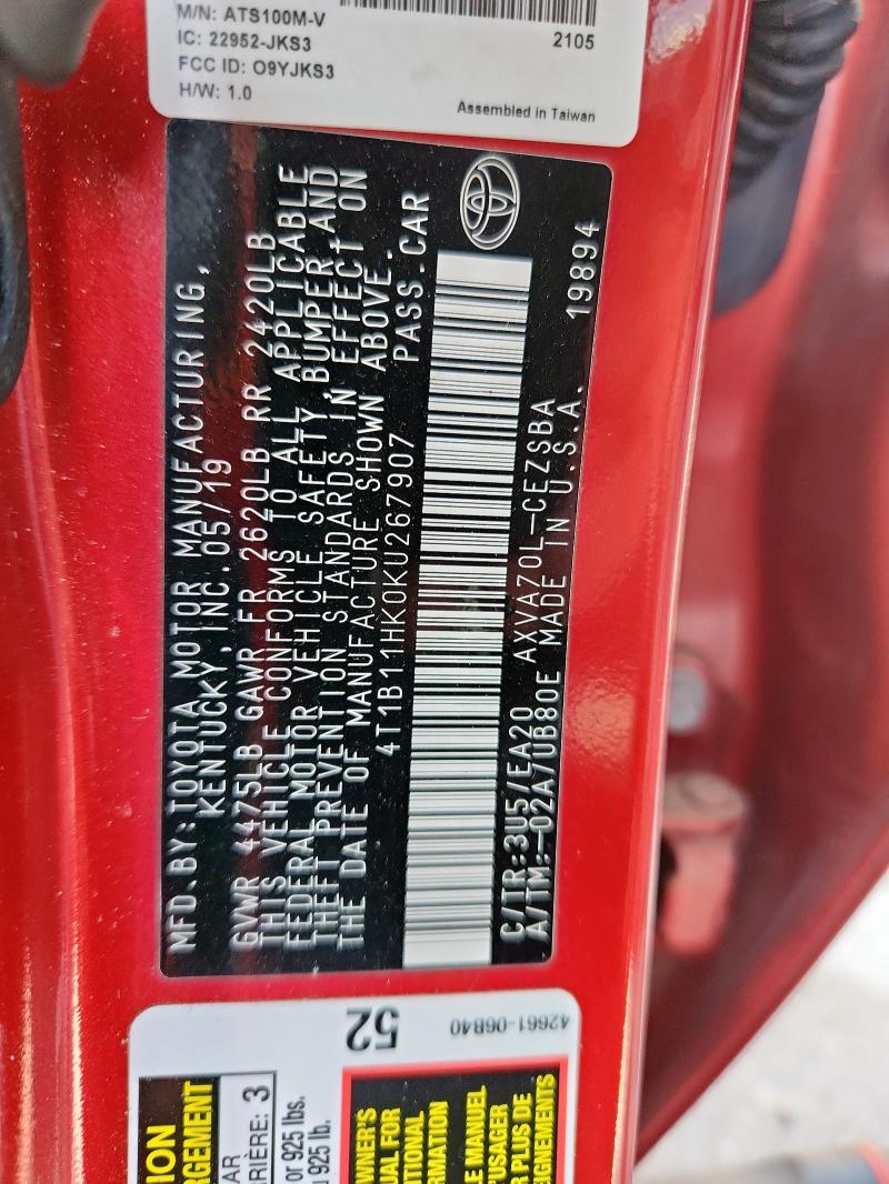 2019 TOYOTA CAMRY L 4T1B11HK0KU267907