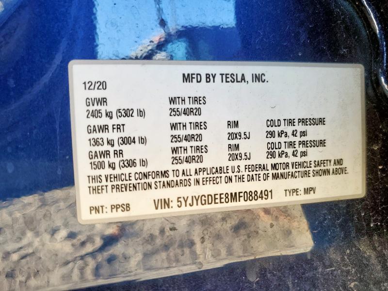 2021 TESLA MODEL Y 5YJYGDEE8MF088491