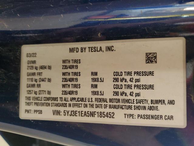 2022 TESLA MODEL 3 5YJ3E1EA5NF185452
