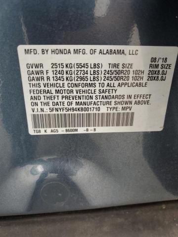 2019 HONDA PILOT TOURING 5FNYF5H94KB001710