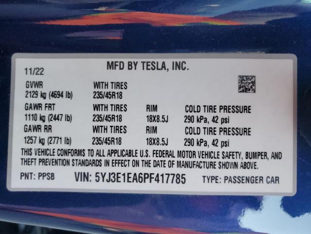 2023 TESLA MODEL 3 5YJ3E1EA6PF417785