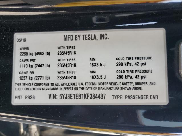 2019 TESLA MODEL 3 5YJ3E1EB1KF384437