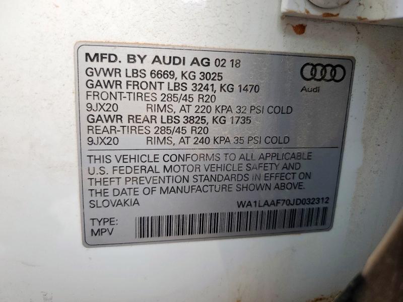 2018 AUDI Q7 PREMIUM WA1LAAF70JD032312