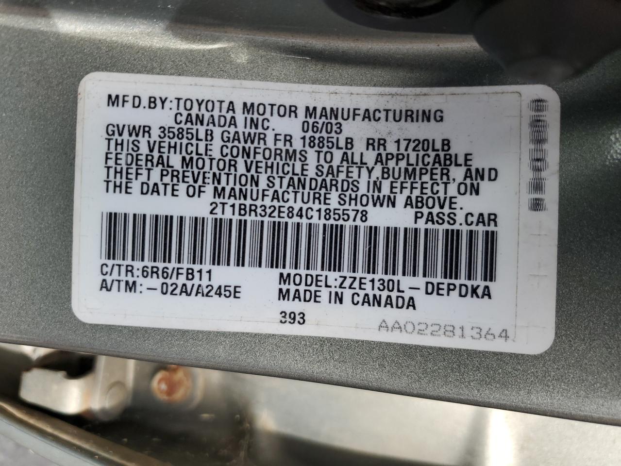 Lot #3308377287 2004 TOYOTA COROLLA CE