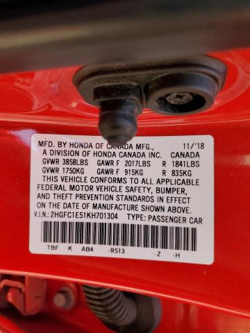 2019 HONDA CIVIC SI 2HGFC1E51KH701304