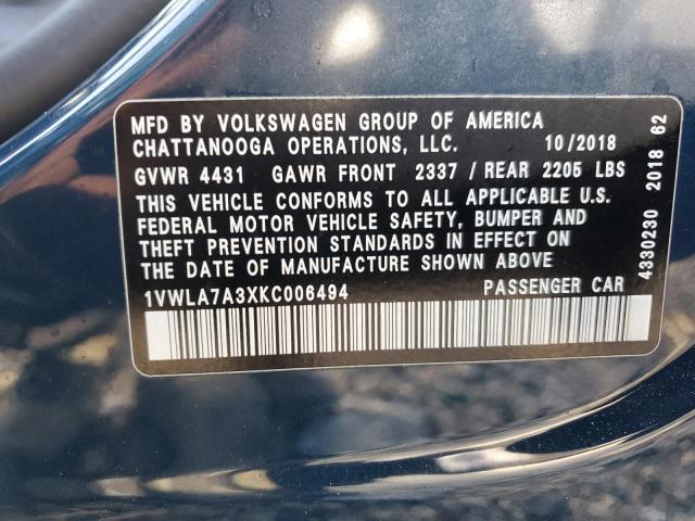 2019 VOLKSWAGEN PASSAT WOL 1VWLA7A3XKC006494