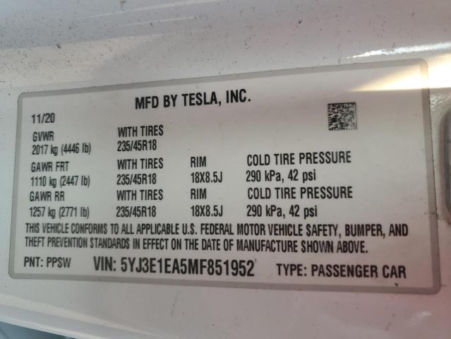 2021 TESLA MODEL 3 5YJ3E1EA5MF851952