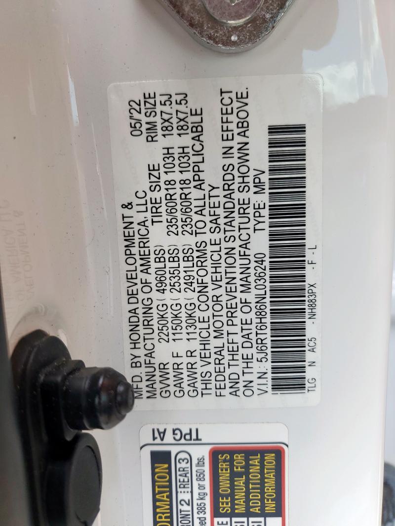 2022 HONDA CR-V EXL 5J6RT6H86NL036240