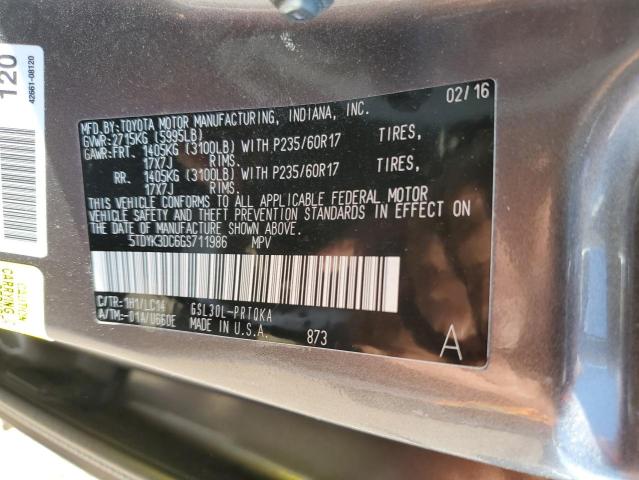 2016 TOYOTA SIENNA XLE 5TDYK3DC6GS711986